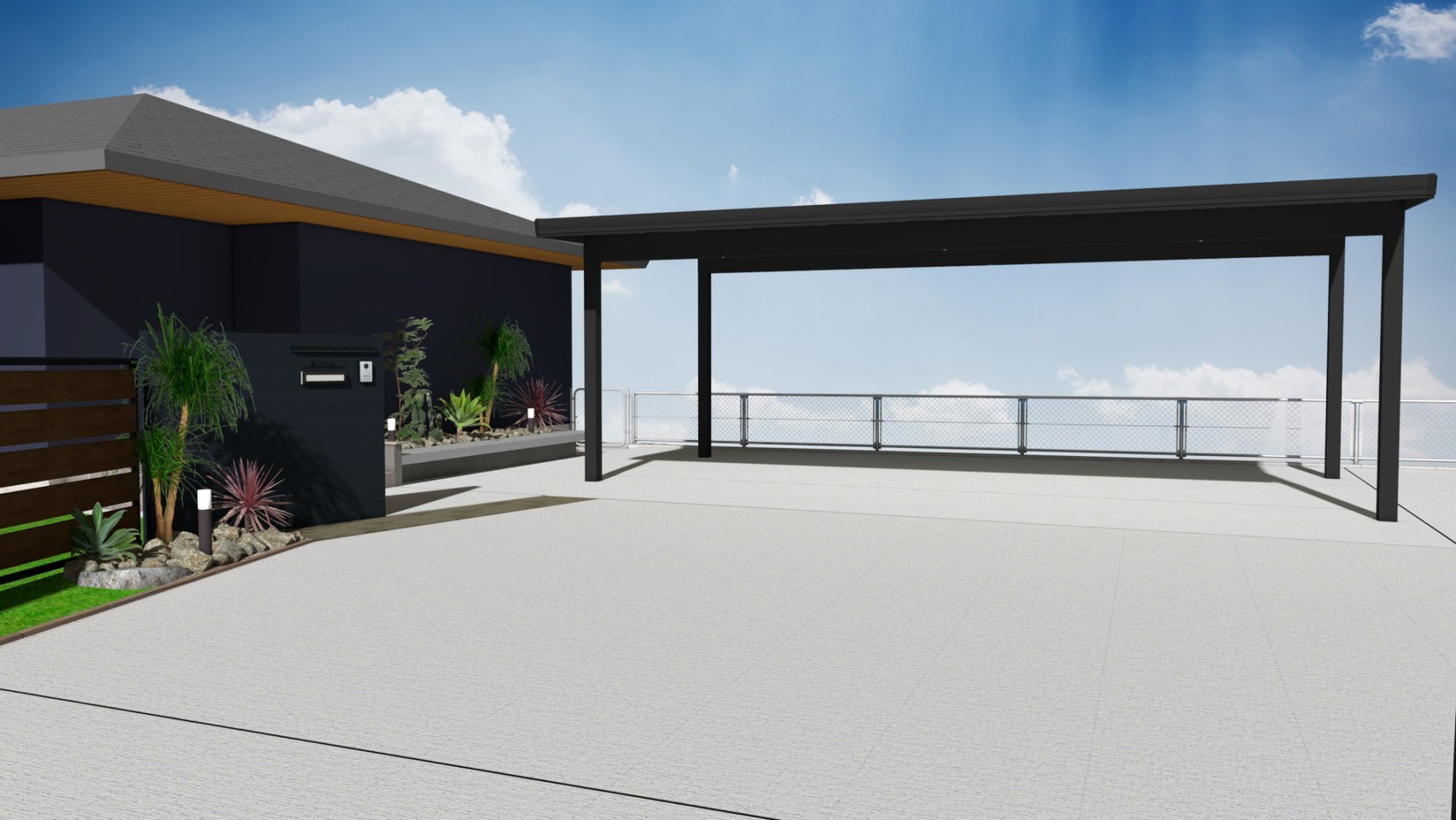 木製デッキと芝生エリアの3Dプラン