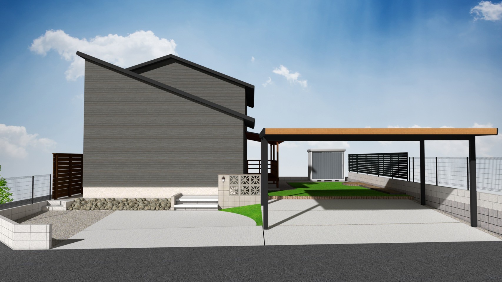 シンプルモダンな住宅と庭の3Dプラン