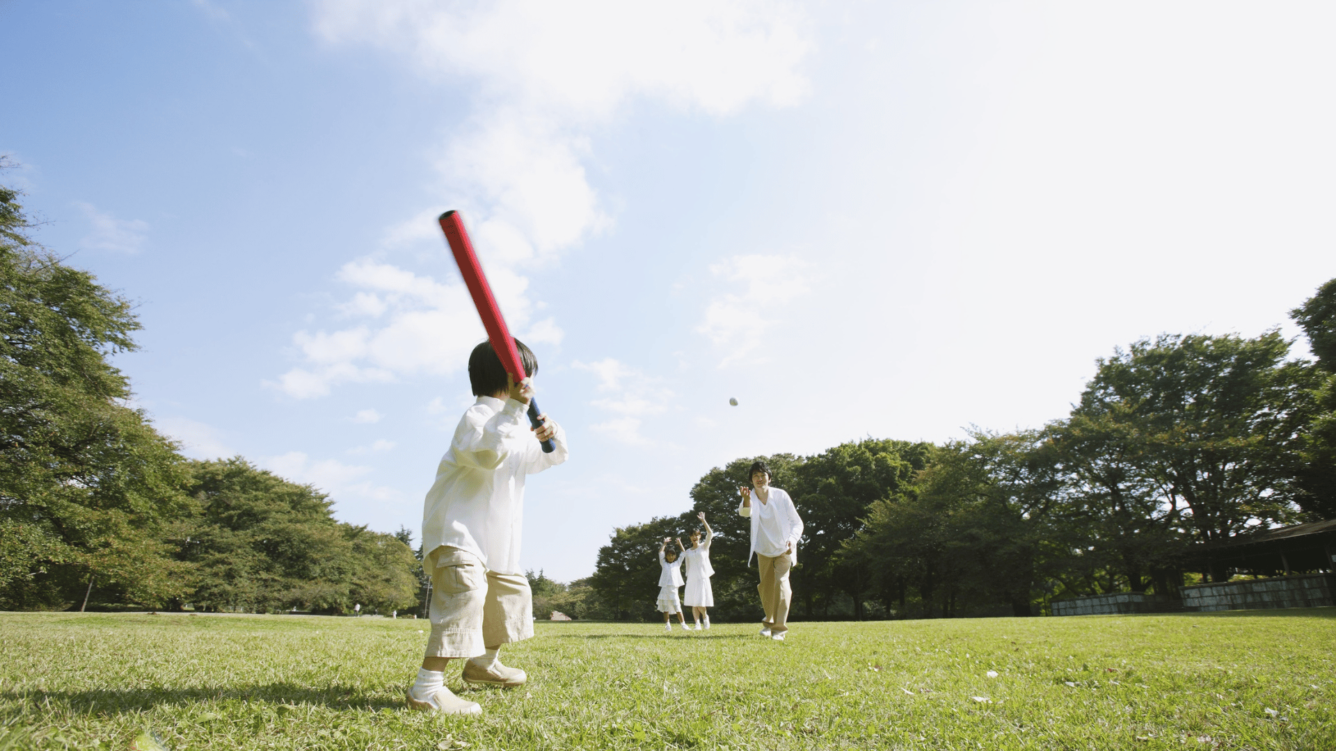 庭で野球を楽しむ家族